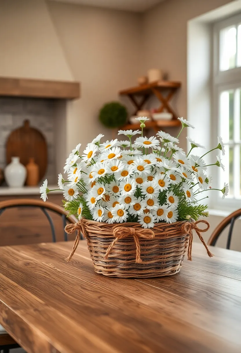 Basket of freshly​ cut daisies accented with⁢ twine bows​ for a ⁤casual,​ country feel
