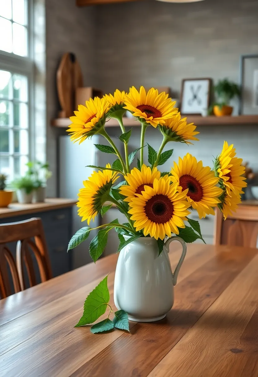 Ceramic pitcher filled with sunflowers to⁢ brighten up any‌ farmhouse⁤ table ​instantly