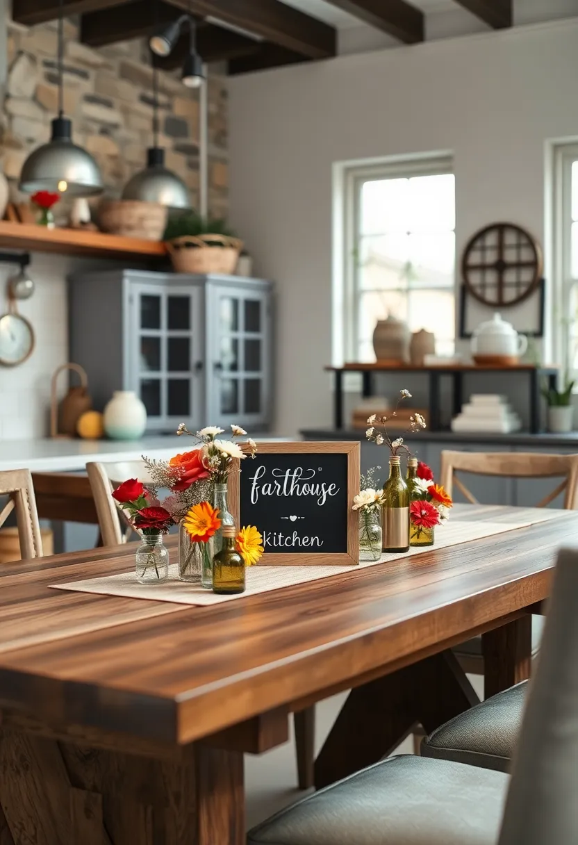 Chalkboard⁢ sign surrounded by⁤ miniature vintage bottles​ with seasonal blooms