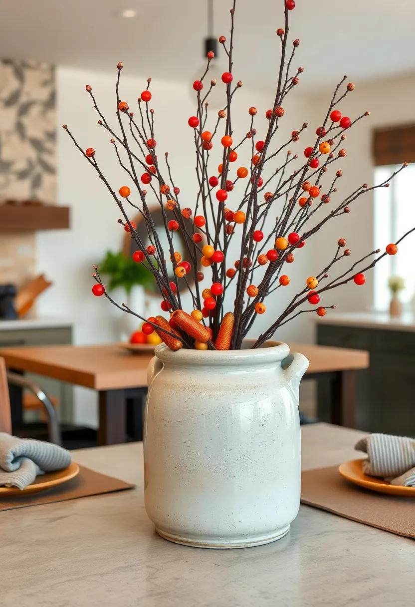 Farmhouse ceramic crock filled with tall branches and autumn berries for height and interest