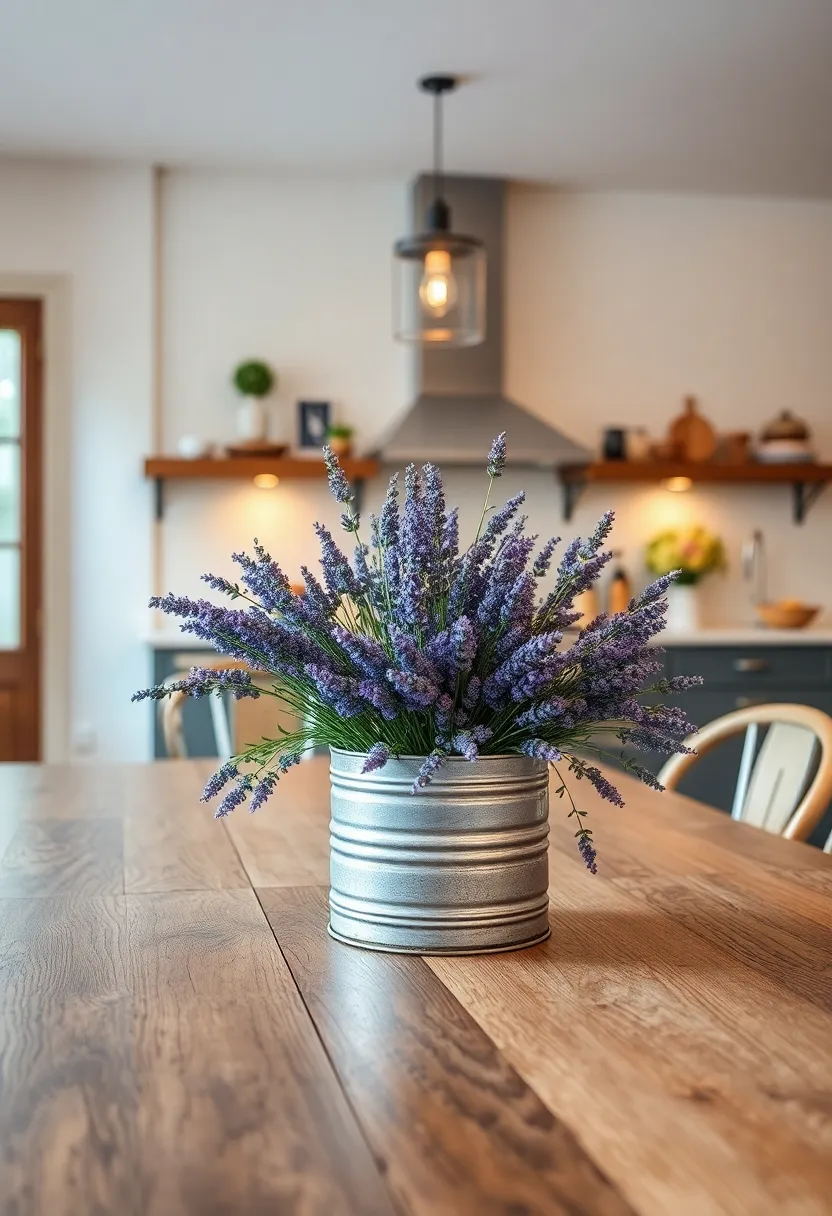 Galvanized ​metal bucket filled with fresh lavender for a soothing ‌lavender-scented centerpiece
