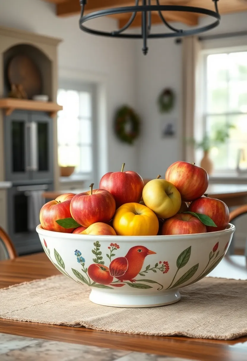 Hand-painted ceramic ⁢bowl stacked with colorful heirloom apples for a pop of rustic charm