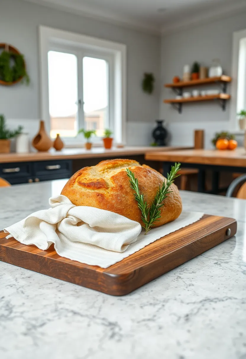 Linen-wrapped farmhouse bread⁢ loaf placed on a wooden board, accented by a ⁣sprig of rosemary