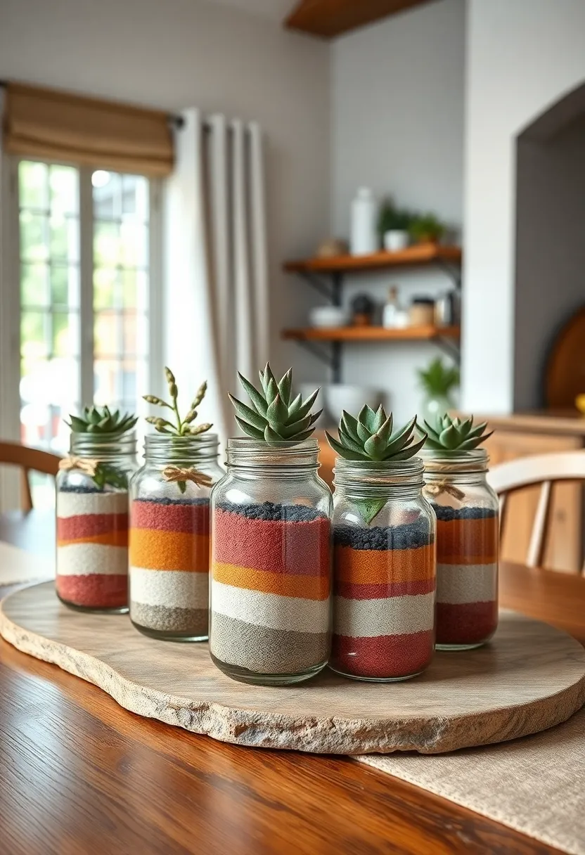 Mason jars filled ​with layers of ​colored sand and​ topped with small succulents