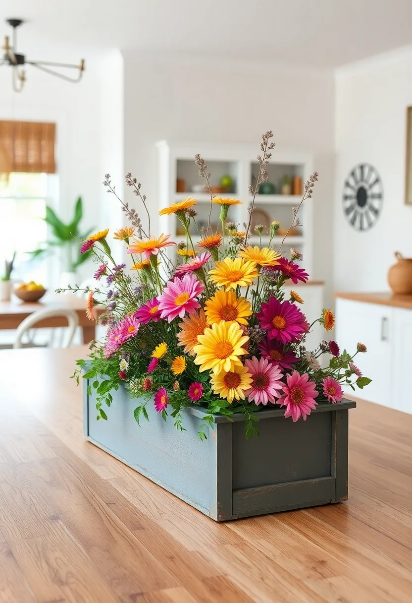 Painted ⁣wooden box planter filled with mixed wildflowers in cheerful hues