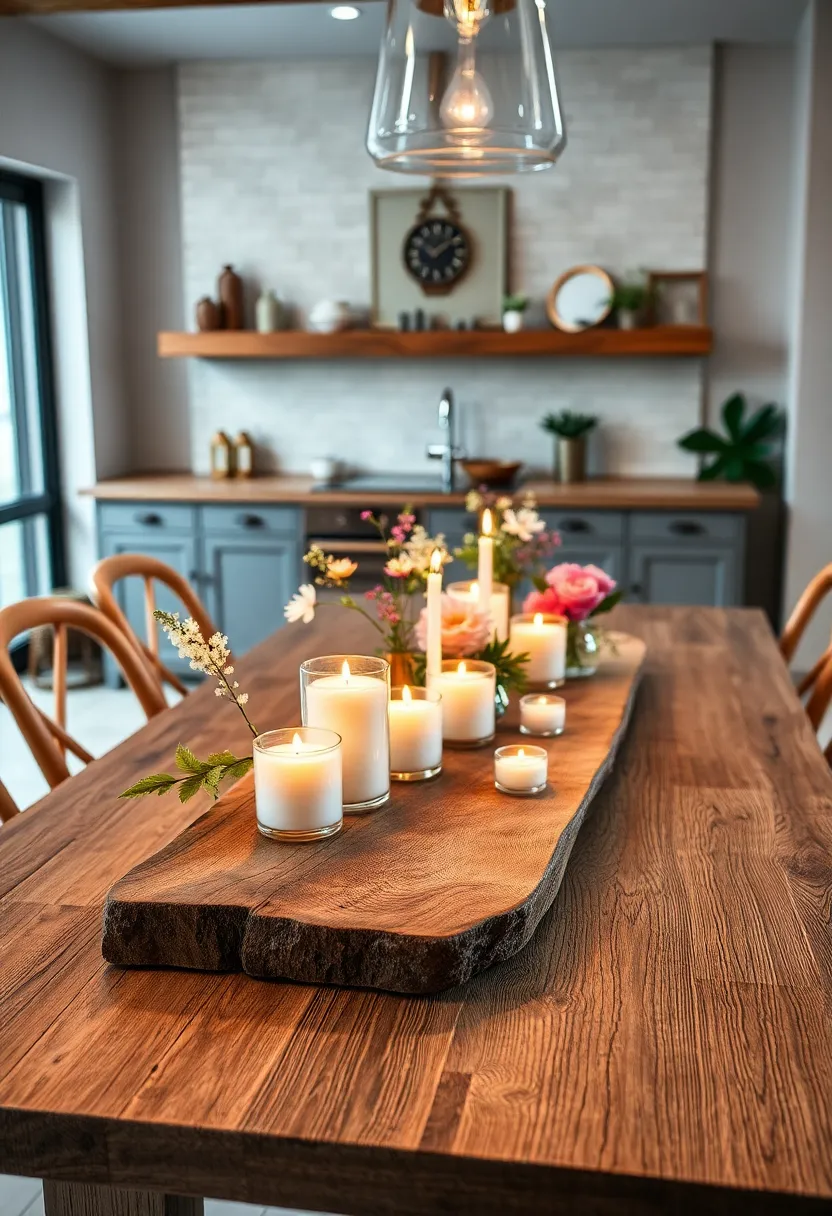 Reclaimed barn wood plank⁢ topped with votive candles and⁤ small ⁣floral arrangements