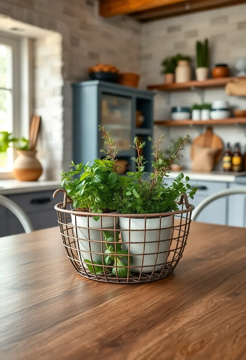 Rustic wire⁢ basket filled with ‌small potted ‌herbs, perfect for both ⁣decor and cooking