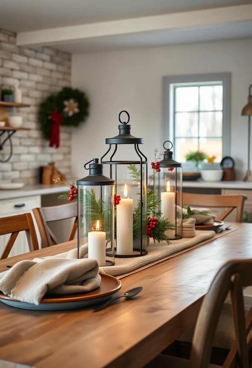 Rustic lanterns flanked by sprigs of holly‍ and berries during ​holiday seasons