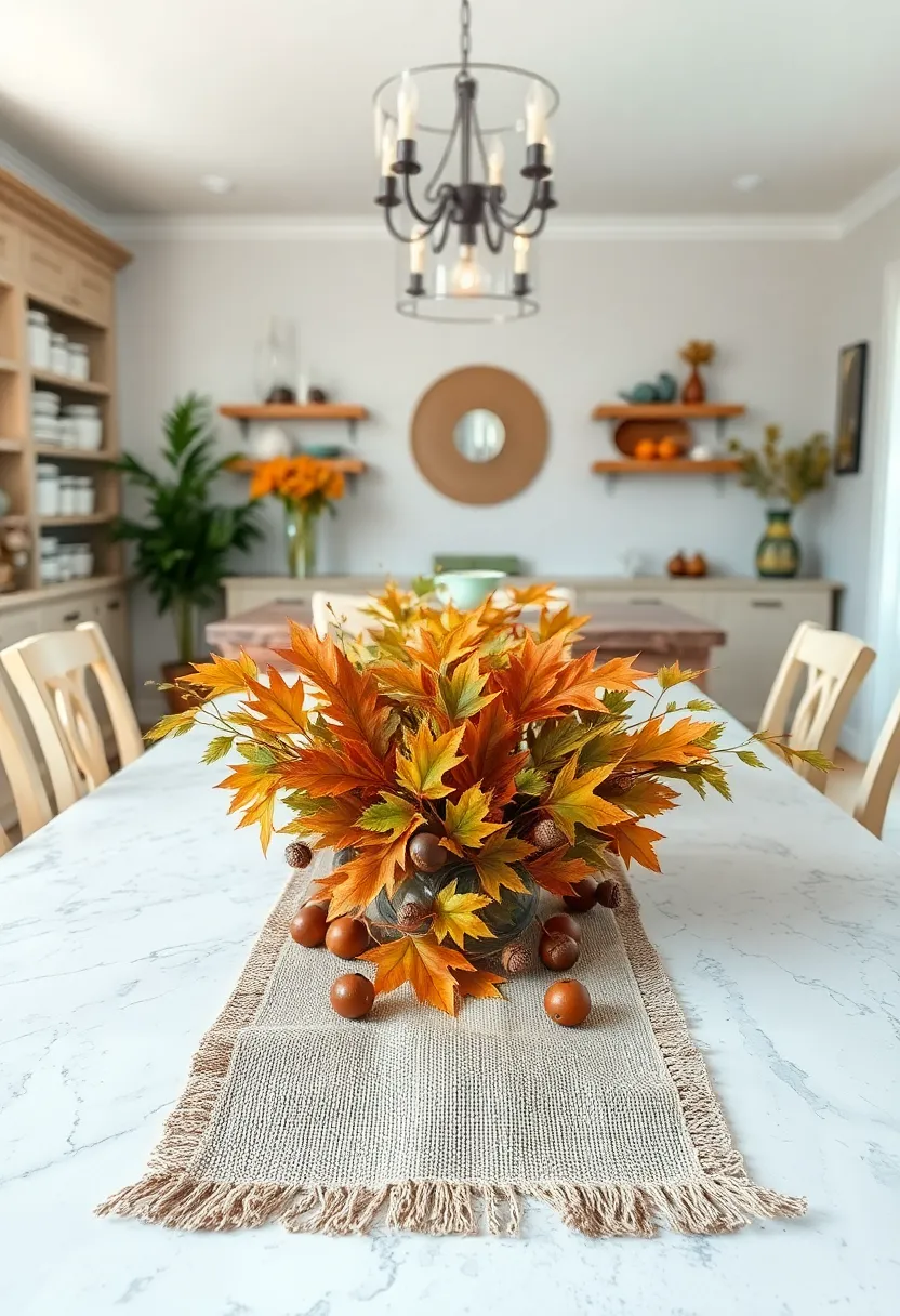 Simple burlap runner‍ adorned with an assortment of fall leaves and acorns