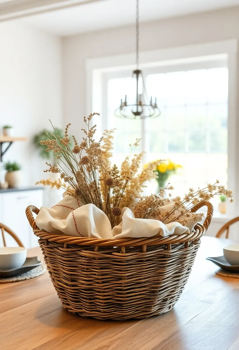 Simple open-weave basket containing‌ a collection of textured linens and dried flowers