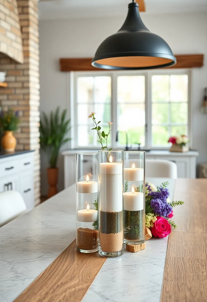 Tall glass cylinder⁣ vases with layered sand and‌ floating candles for subtle elegance