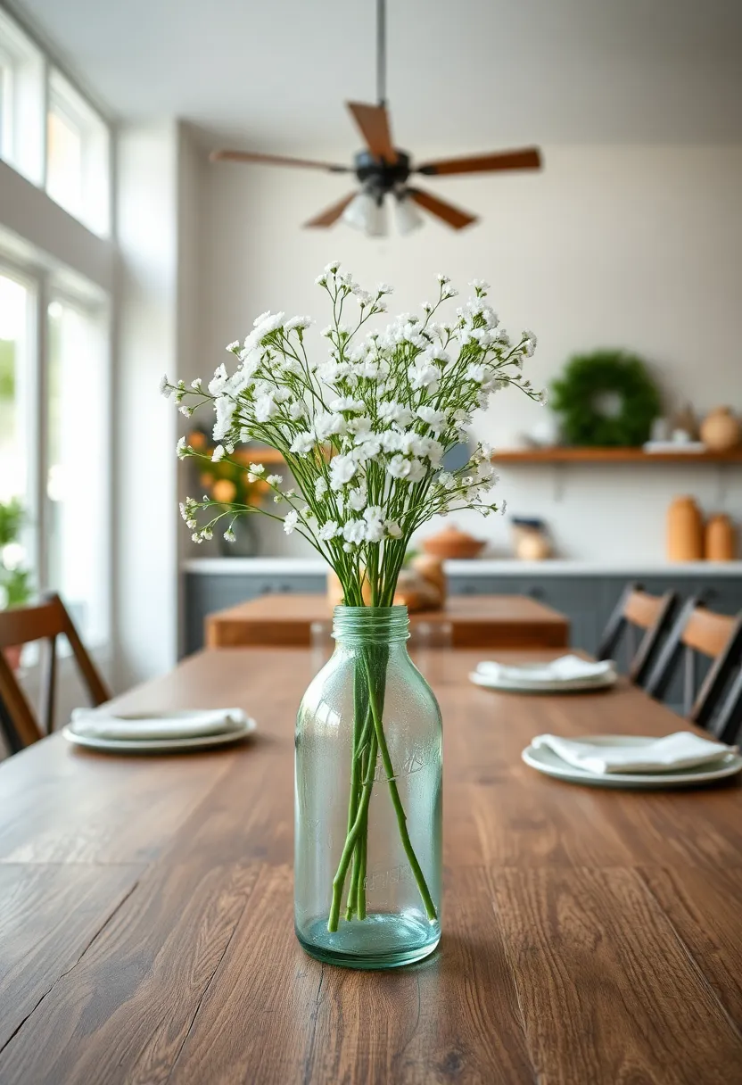 Vintage milk​ bottle ⁢vase holding ⁣delicate baby's breath for an understated centerpiece
