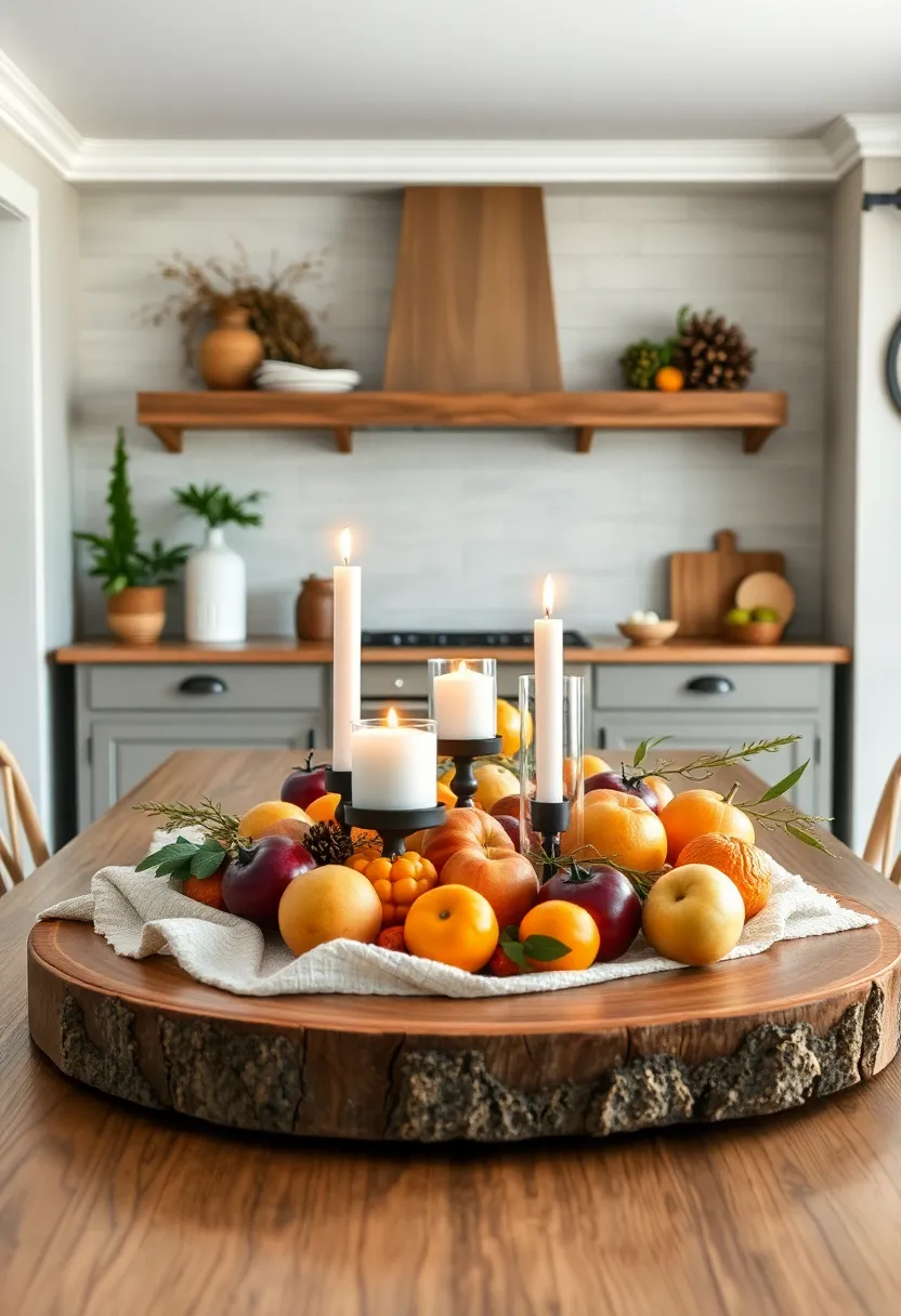 Wooden‍ tray with‌ assorted⁤ candles and seasonal fruits to add ⁢warmth and⁤ texture