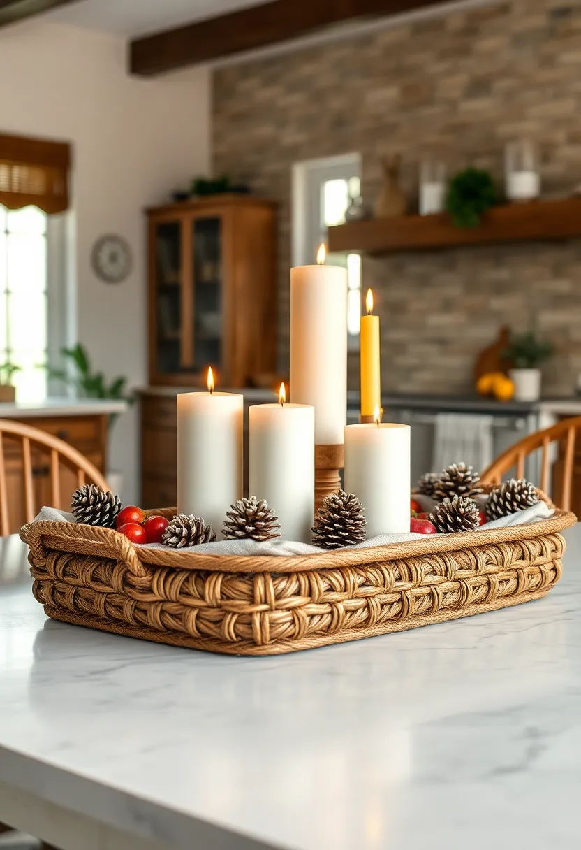 Woven wicker tray featuring a‍ collection of pillar candles and ⁢pinecone⁣ accents