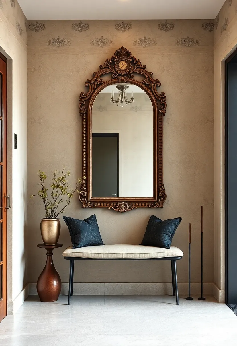 Antique Mirror Statement:⁣ Hang an ornate antique mirror above ​a minimalist bench‍ for a mix of ⁢old-world elegance and‌ contemporary simplicity