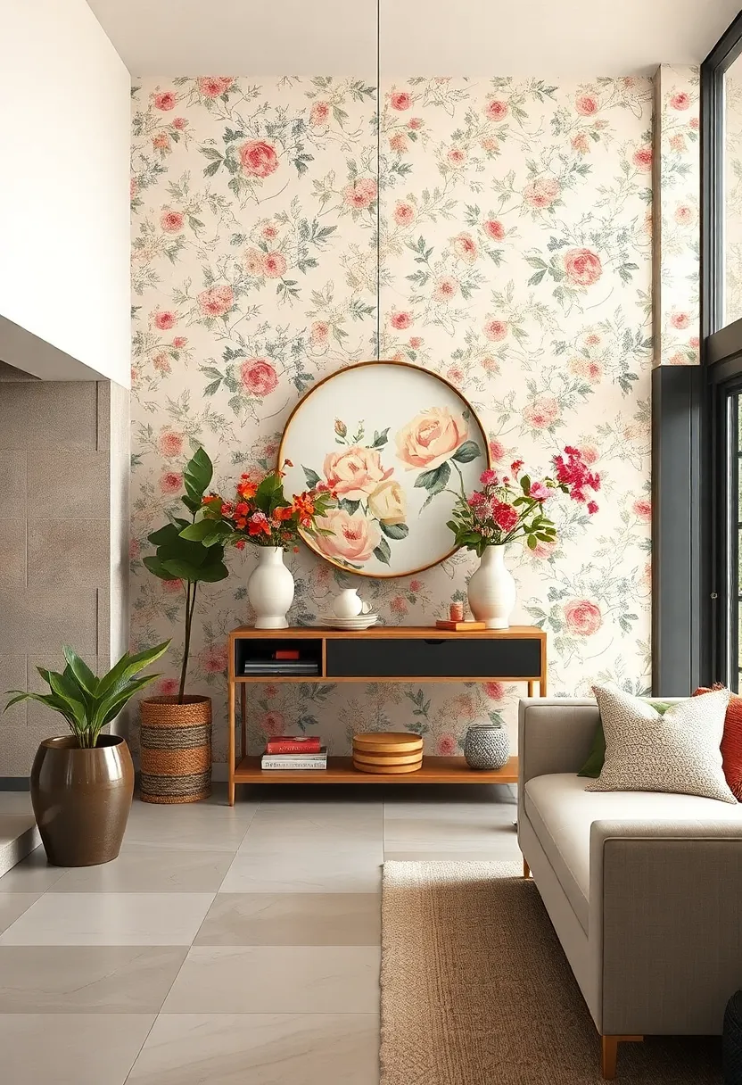 Floral Wallpaper Welcome: Embrace vintage charm with⁢ soft floral wallpaper paired⁢ with a sleek modern console table