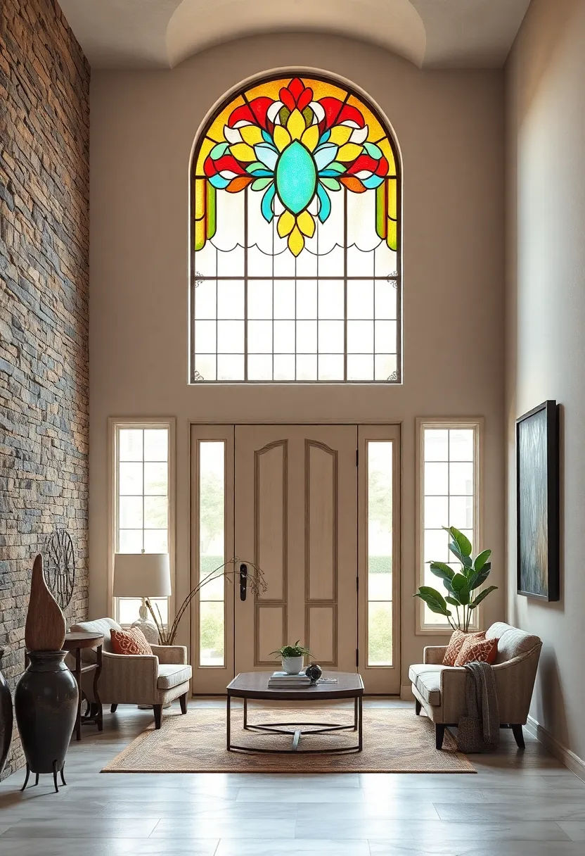 Stained​ Glass Transom Window with Neutral‌ Walls: highlight a⁣ stained glass transom above⁤ the door against calming, neutral wall⁤ colors