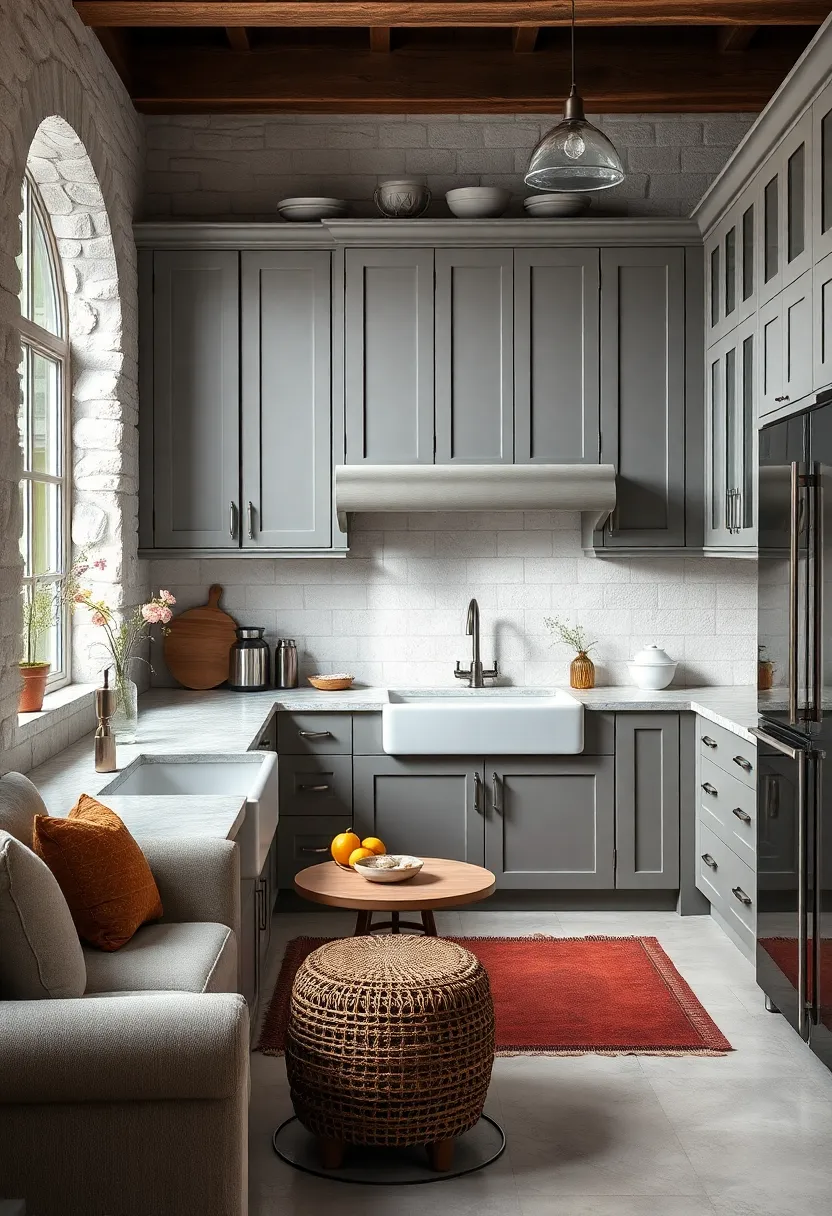 Ash Grey Cabinets Coupled with Farmhouse sinks for Rustic​ Charm