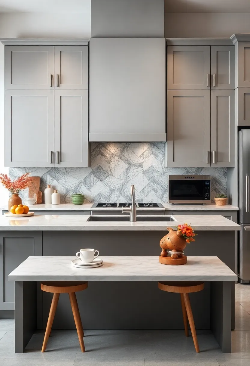 Frosted grey​ Cabinets Blended with Bold Backsplash ⁢Patterns