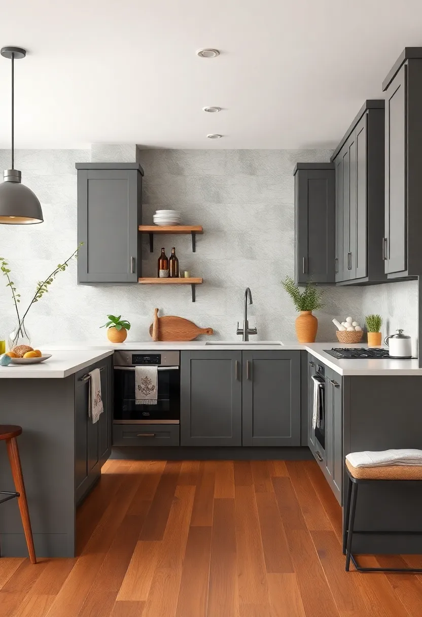 Matte Slate Grey Cabinets Highlighted by Warm Wood Flooring