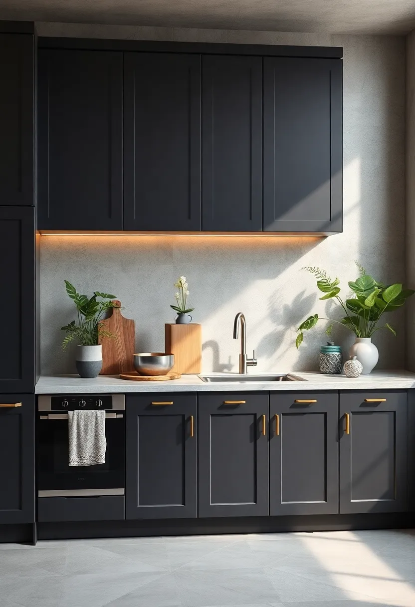 Moody Charcoal Cabinets Balanced by natural Light and Green Plants