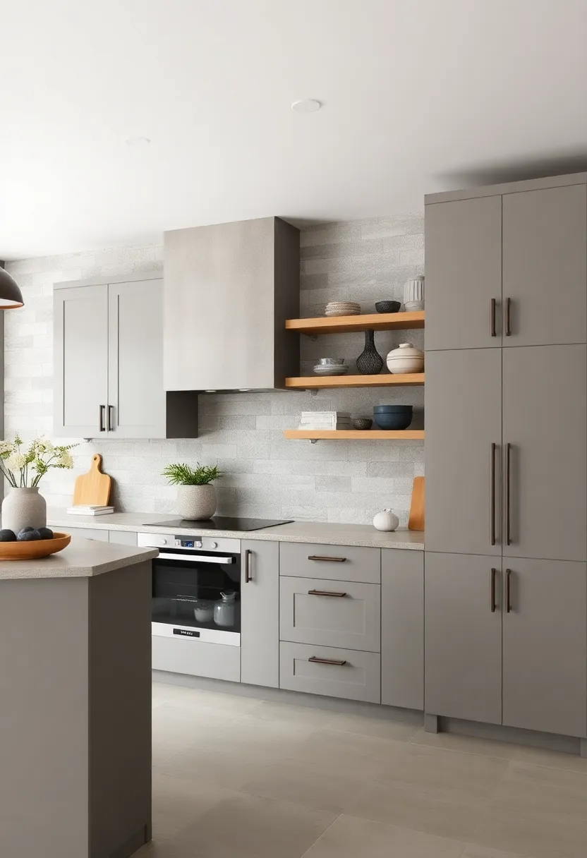 Muted Stone Grey Cabinets paired with Open Industrial Pipe ​shelving