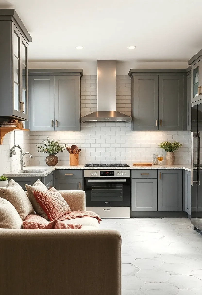 Neutral Grey‍ Cabinets Framed‍ by‌ Classic Subway Tile Backsplash