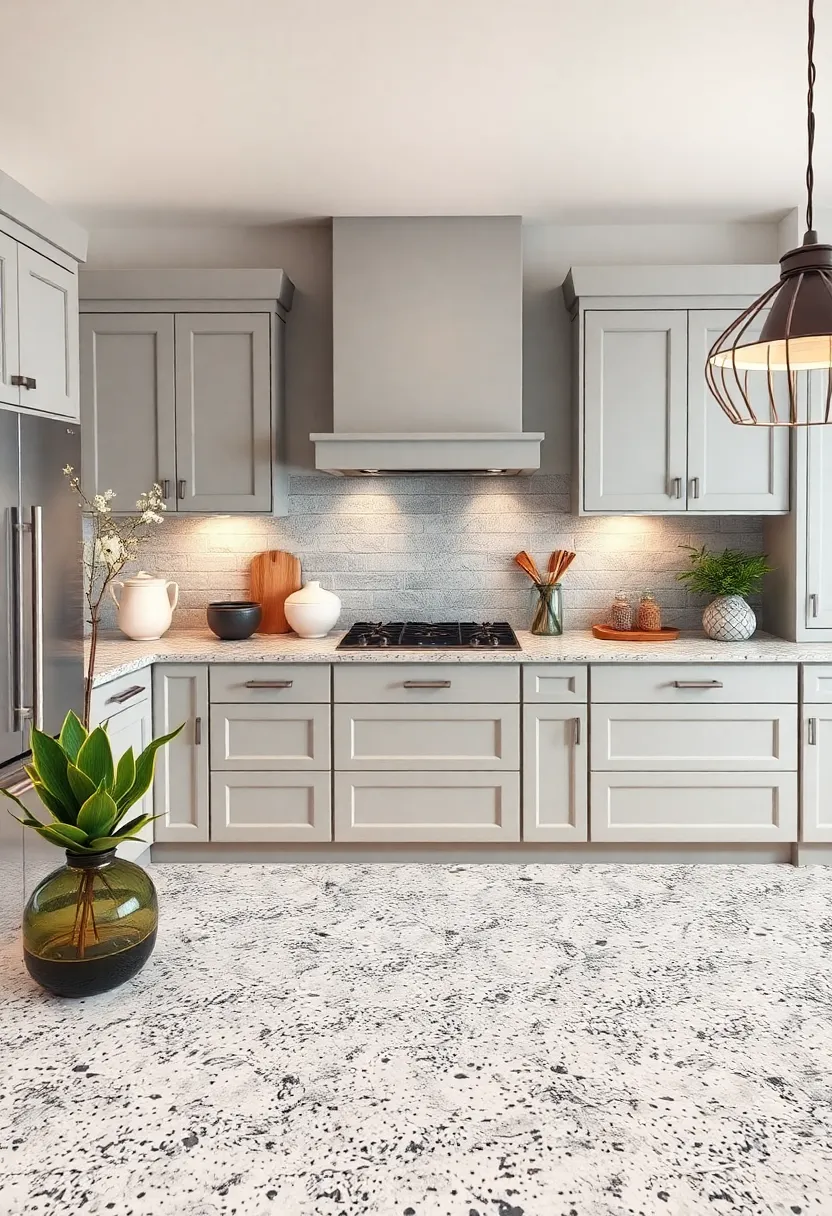 Pale Mist Grey​ Cabinets Blended ‍with Speckled‌ Granite Surfaces