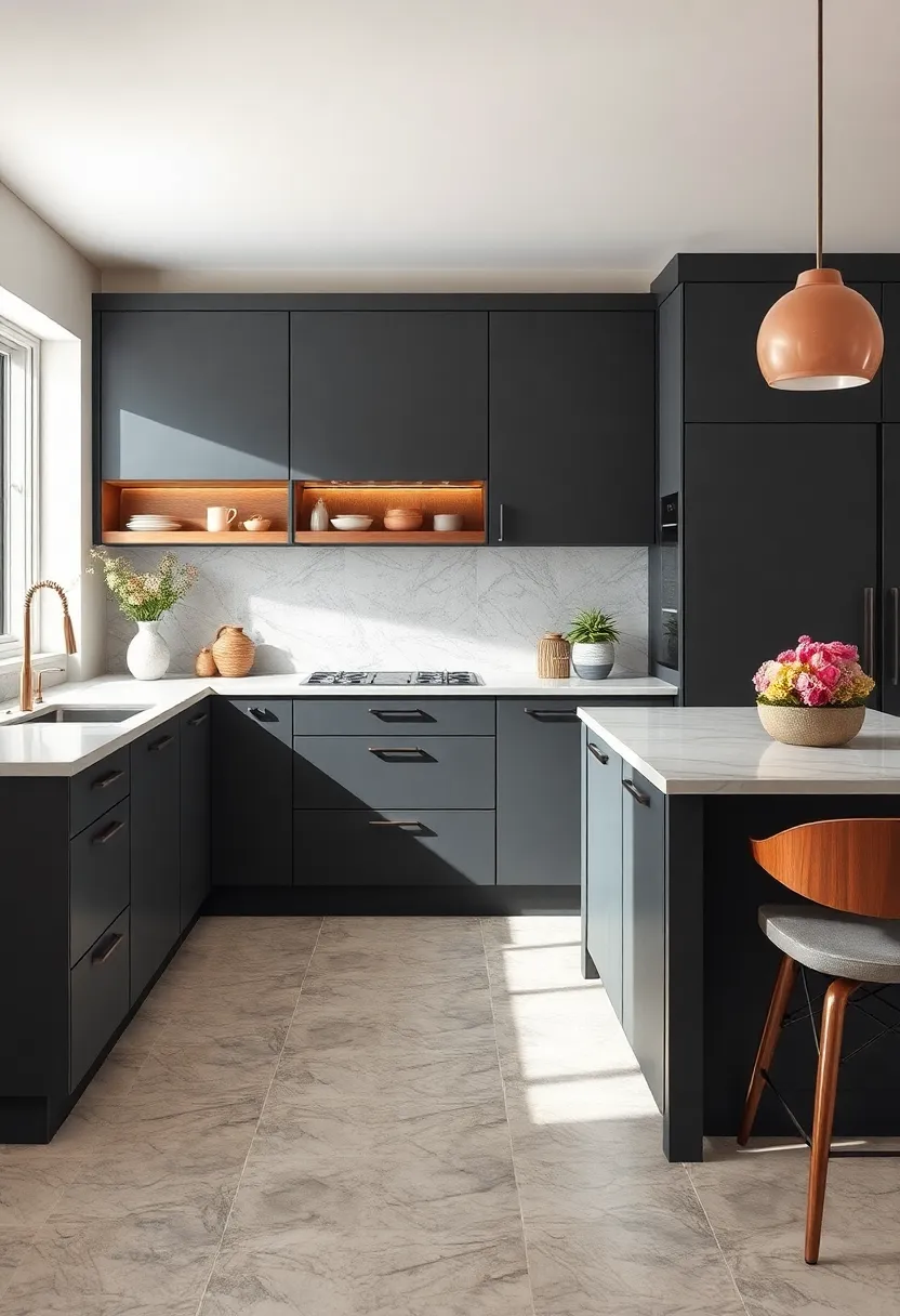 Sleek Charcoal Cabinets Paired with Marble Countertops for a Modern⁤ Edge