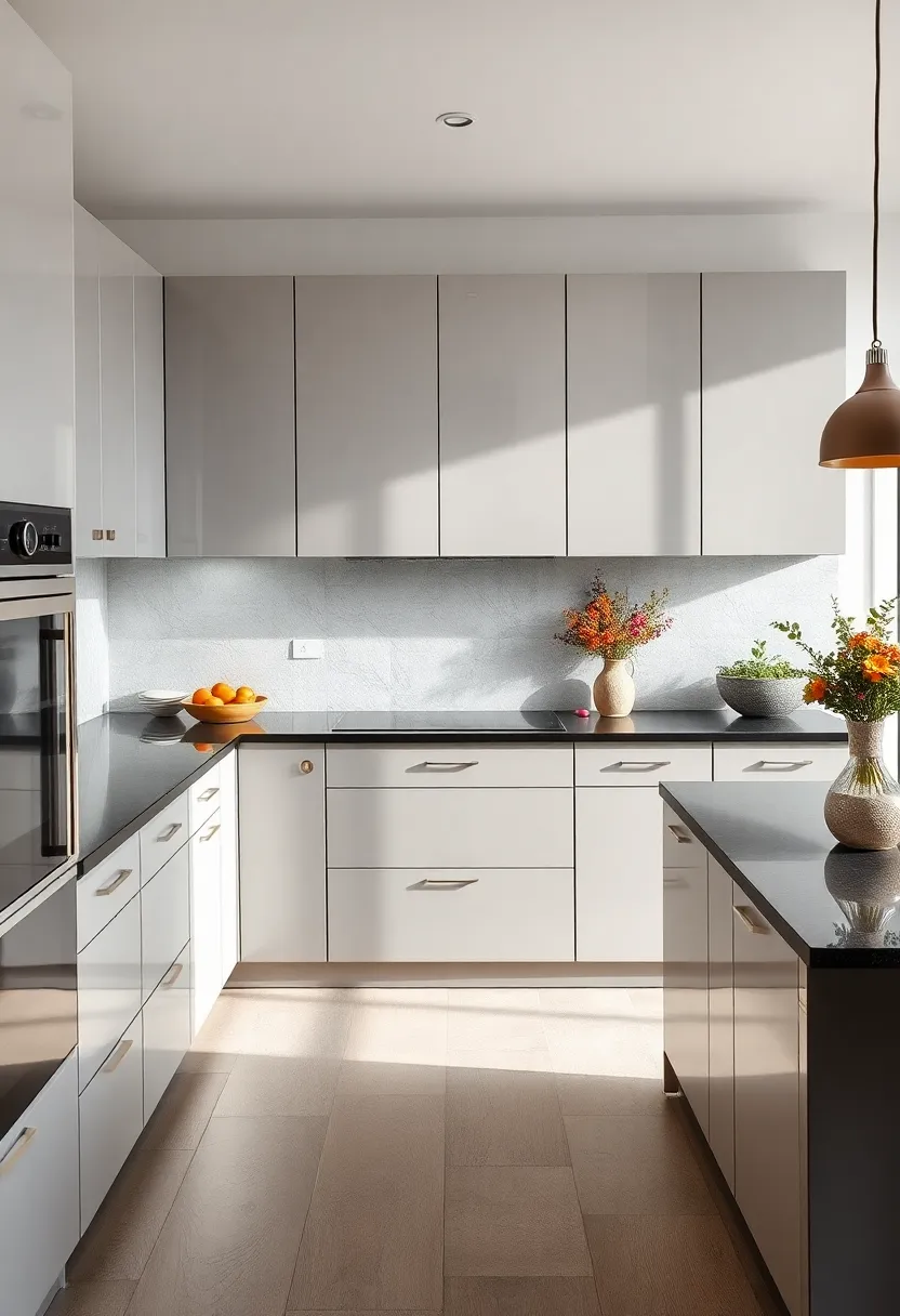 Sleek Glossy Grey Cabinets Matched with Black Quartz Countertops