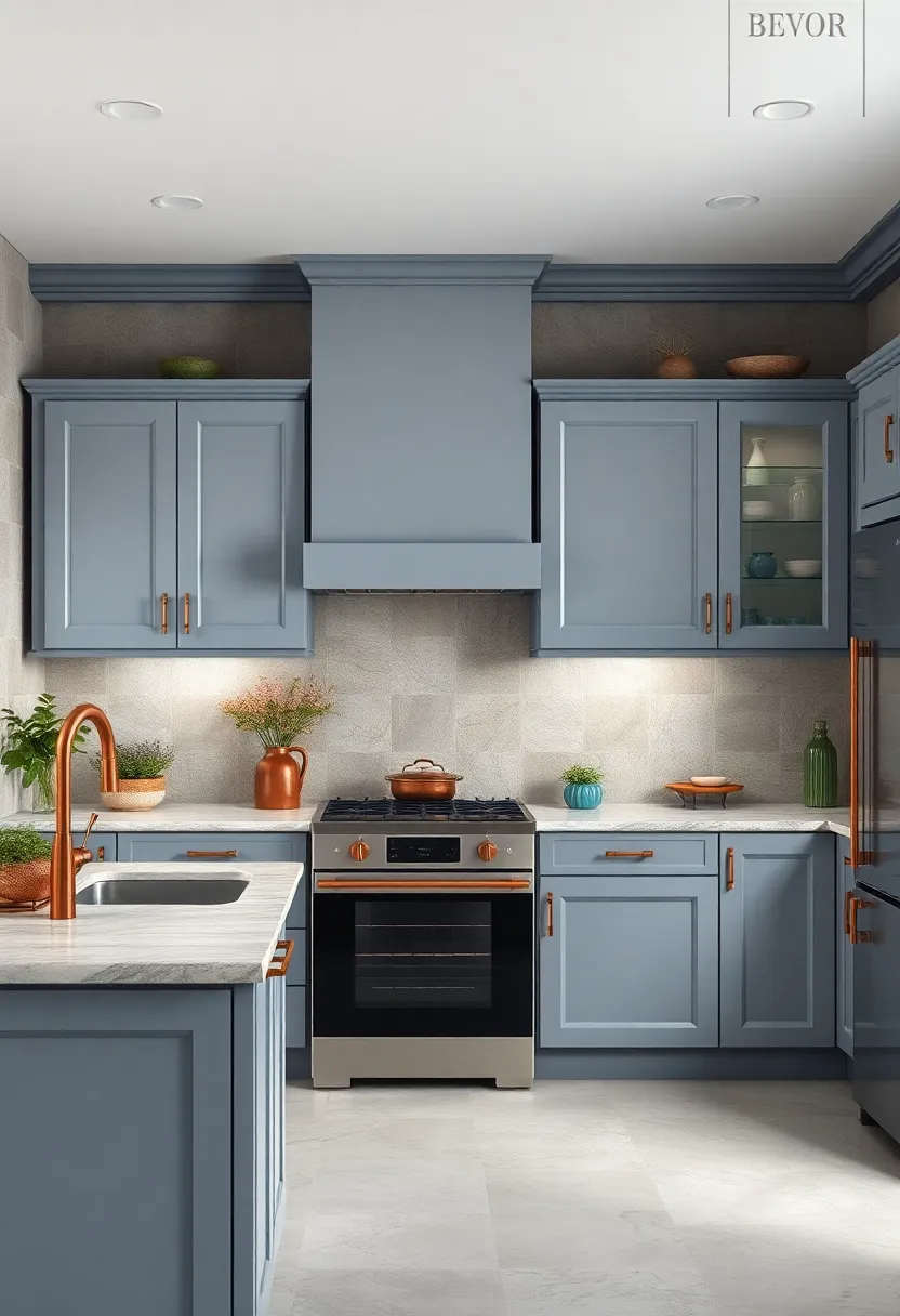 Soft Blue-grey Cabinets Coupled with Vintage copper Fixtures