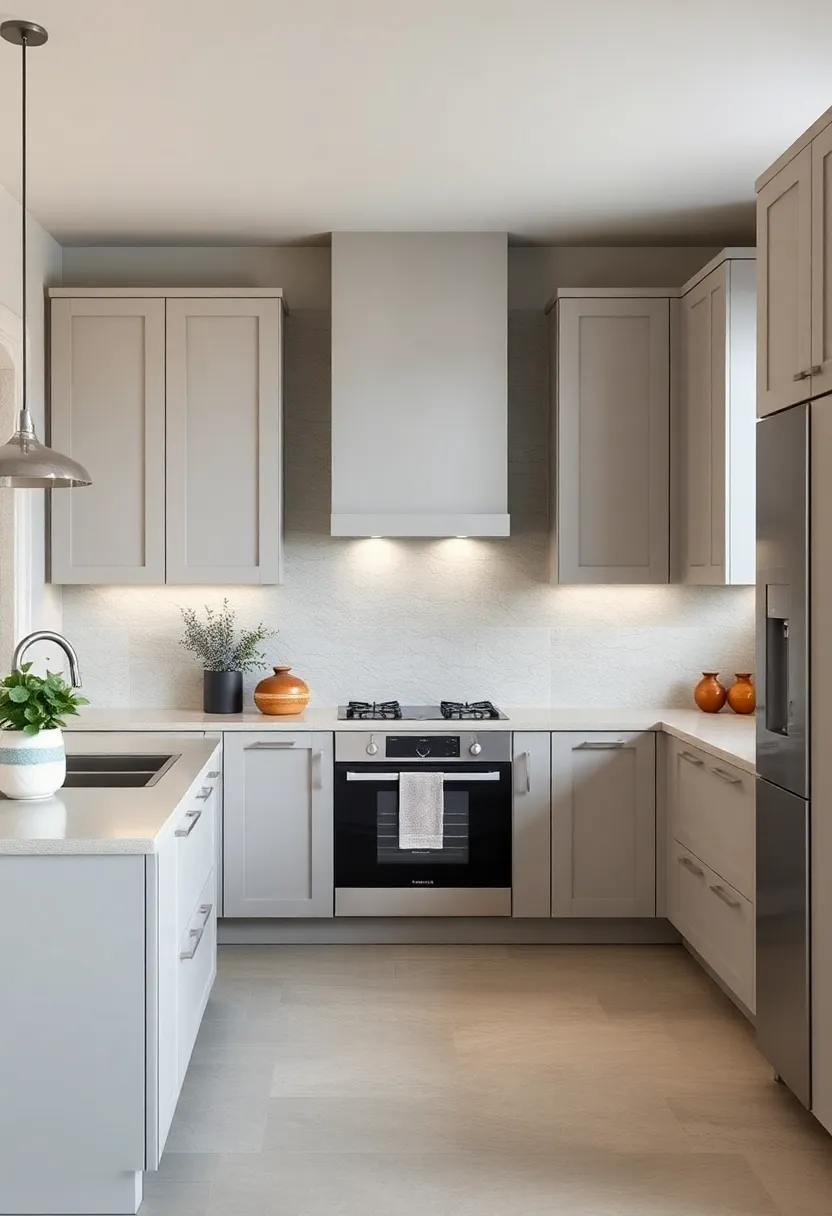Soft Grey ⁢Cabinets Featuring Minimalist Handle-Free Design