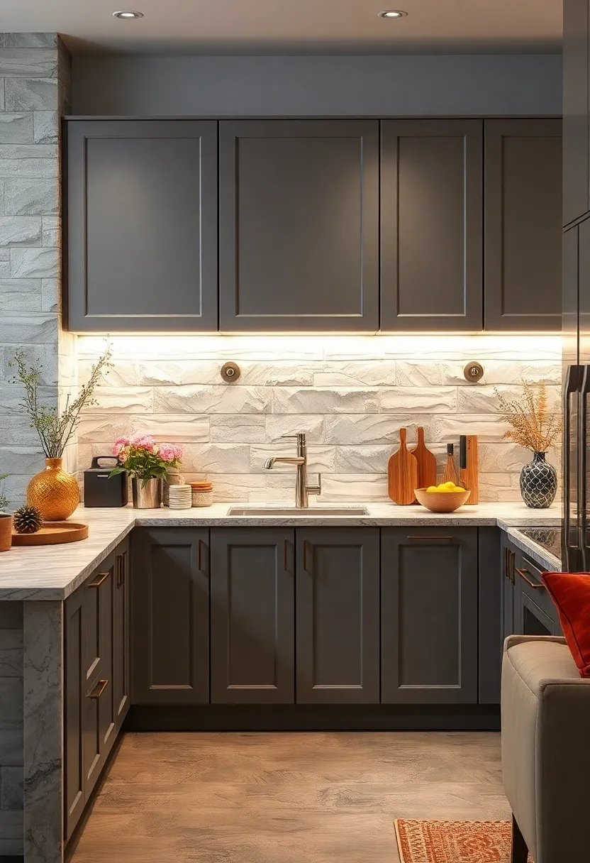 Steely Grey Cabinets ‌with Under-Cabinet LED Lighting for‌ Functional glow