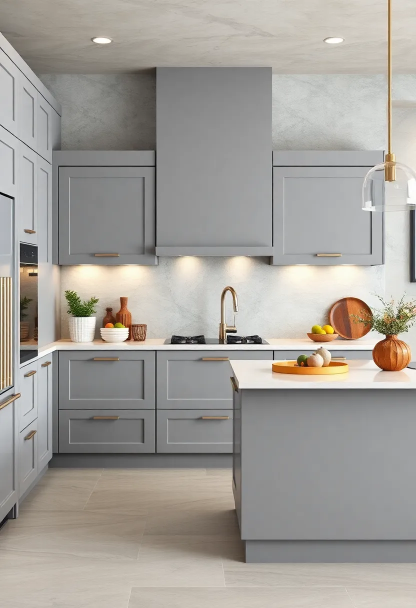 Two-Tone​ Grey Cabinets with glossy White accents ⁢for⁤ Subtle Contrast