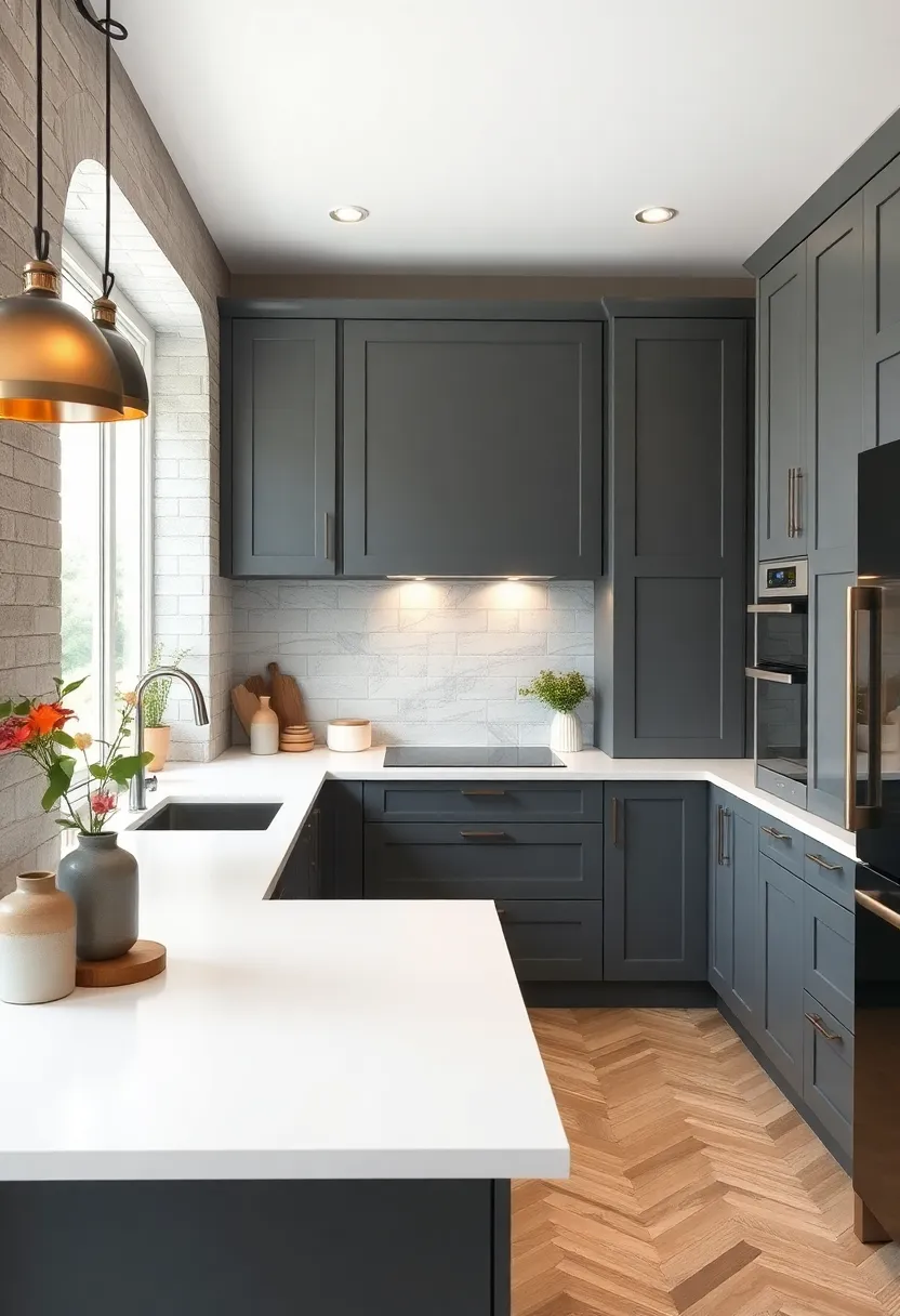 urban Grey Cabinets⁤ matched to High Gloss White Countertops for Contrast