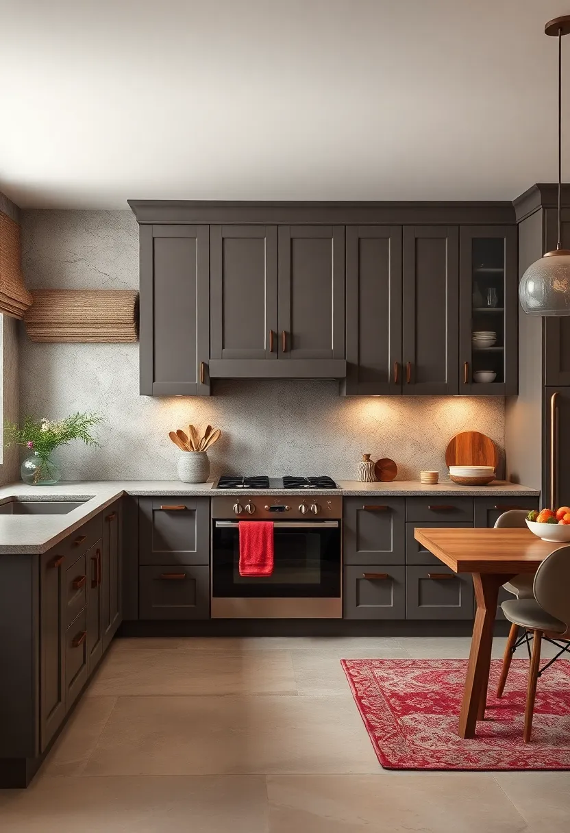 Warm Mushroom Grey Cabinets ⁤with Leather Cabinet Handles for Texture