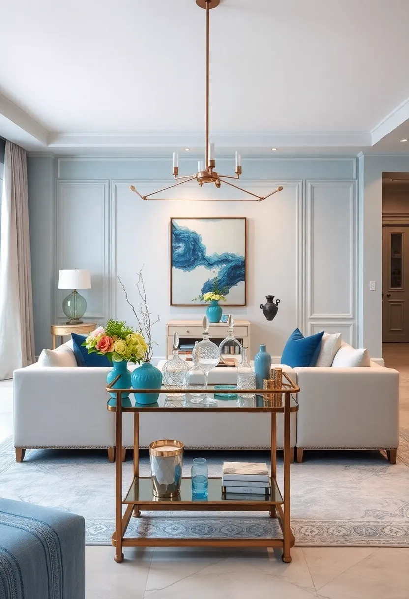 Design a ⁣pastel blue and silver themed bar cart​ with ⁣crystal decanters⁤ for an ‍entertaining focal point