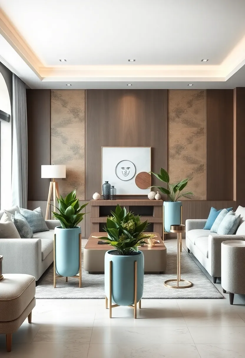 Add‍ pastel blue ceramic planters with silver stands to⁣ bring in⁢ natural ⁢elements with a chic twist