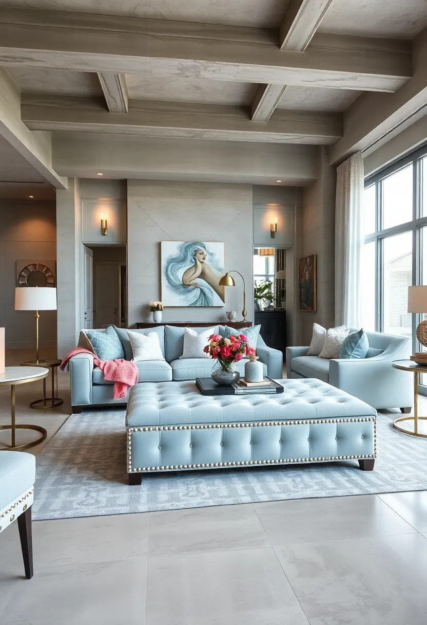 Place a⁤ large pastel⁢ blue ottoman with silver nailhead trim for both functionality and refined ⁣style