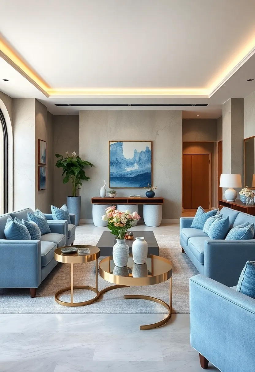 Incorporate ​metallic silver side⁤ tables ⁣to add a sleek, reflective⁣ touch against soft⁣ blue‌ upholstery