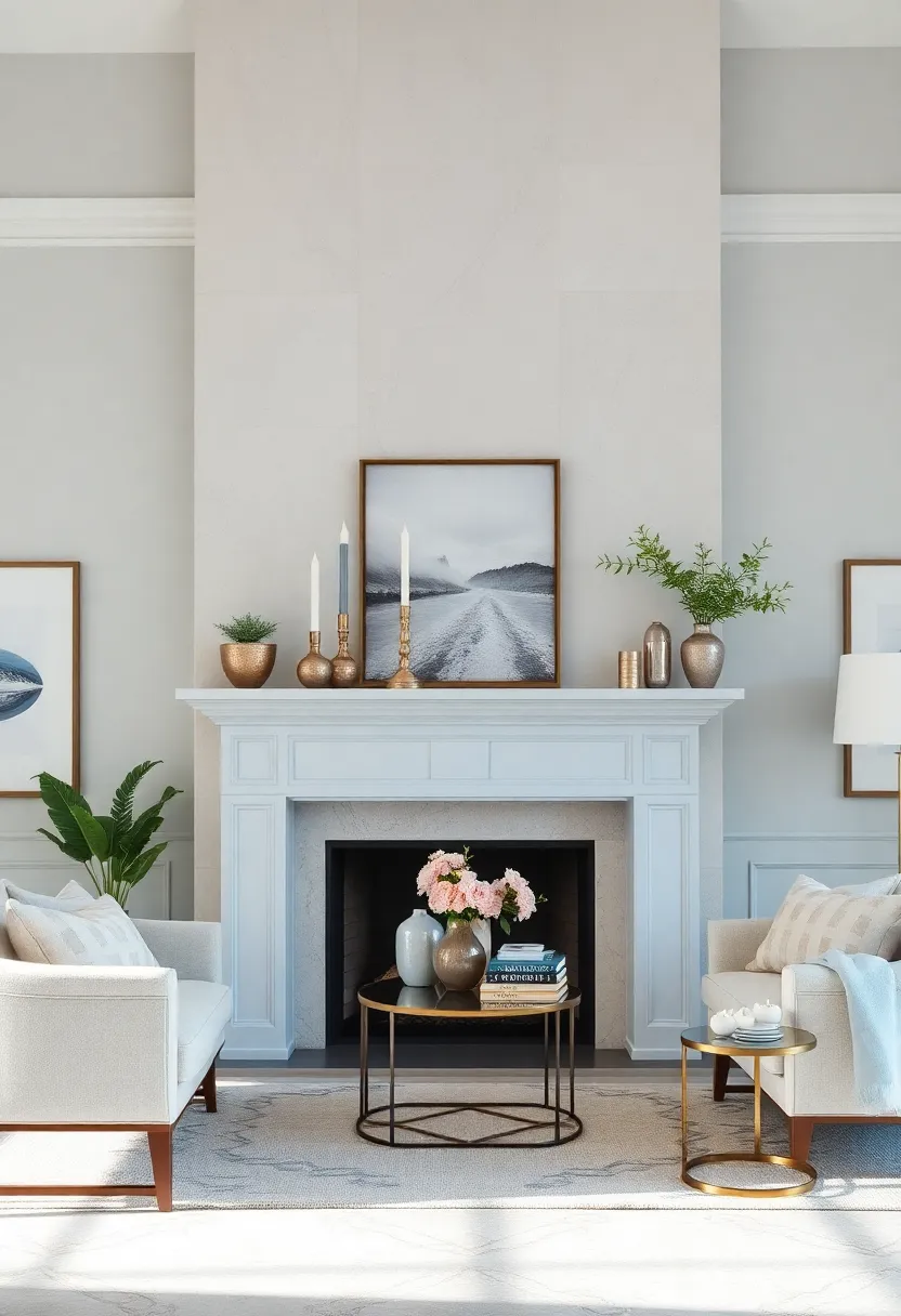 Highlight a pastel ⁣blue fireplace mantle adorned with silver candlesticks⁢ for a cozy⁣ yet stylish statement