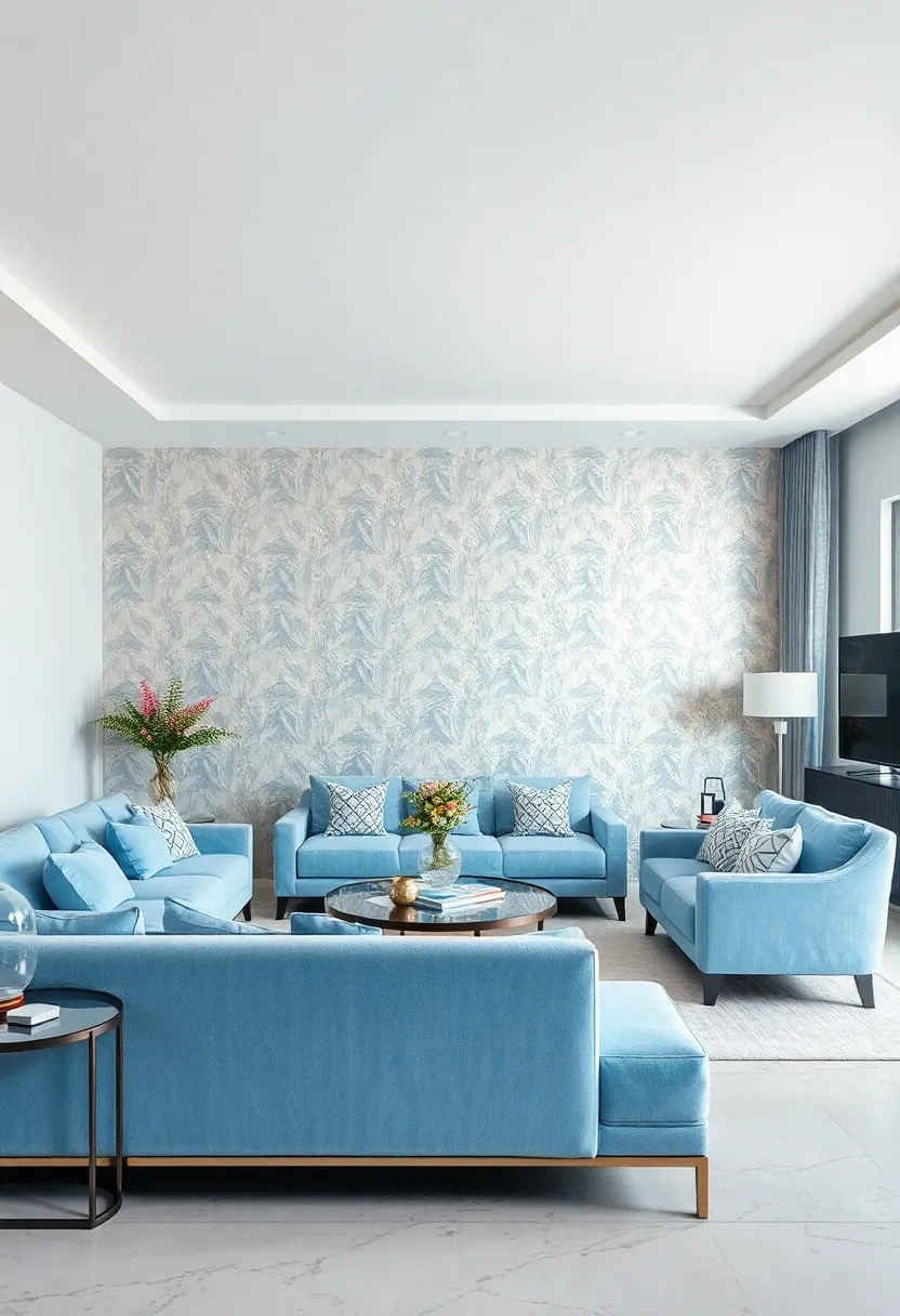 Experiment with silver foil⁢ wallpaper ⁢behind‍ pastel blue furniture ‍to create depth​ and shimmer
