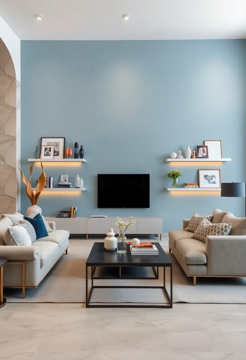 Opt for minimalist silver‍ shelves against pastel blue walls to display ​curated high-end⁢ accessories