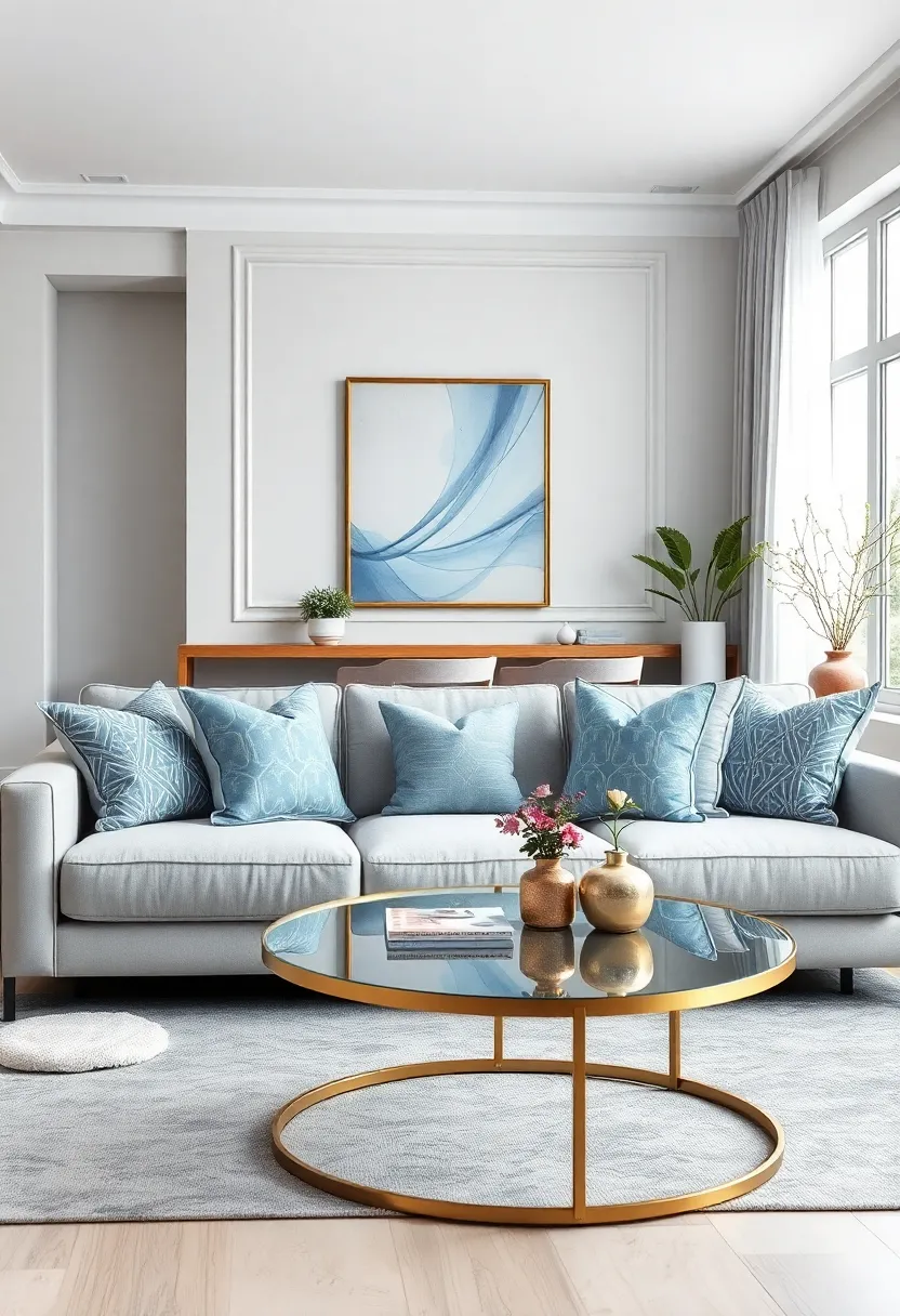 Layer silver and‍ pastel​ blue geometric cushions ‌on ⁢a neutral-toned sofa for contrast and ⁤comfort