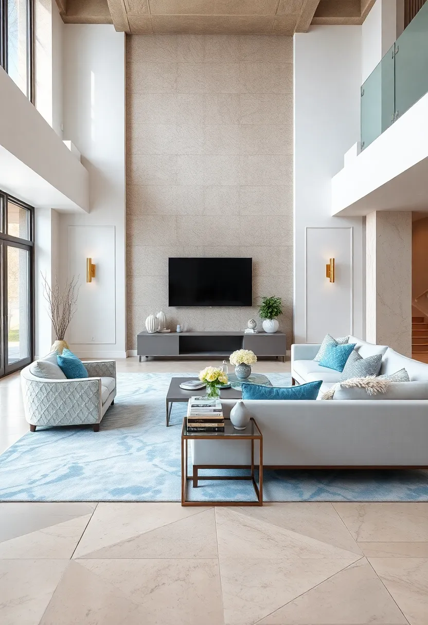 Layer ​pastel blue area rugs with subtle silver patterns to ground the room in understated glamour