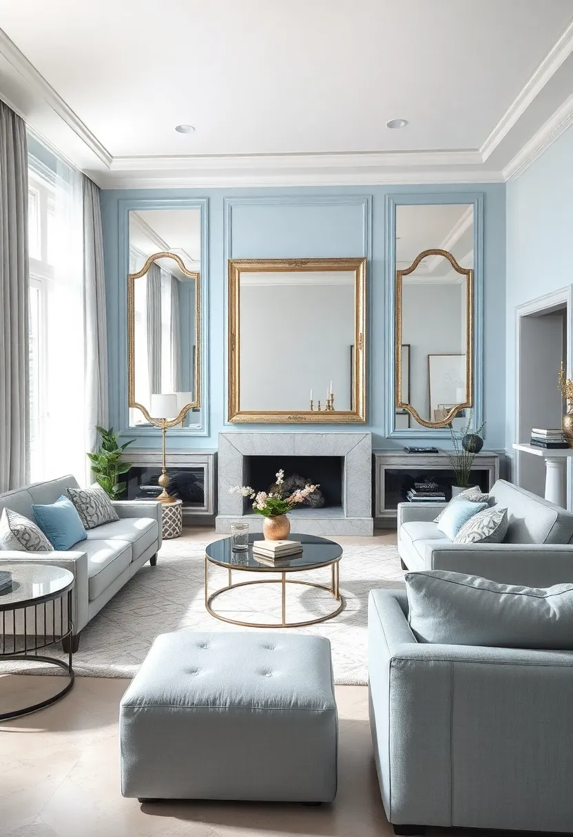 Integrate silver-framed mirrors with pastel blue borders to multiply light and widen the room⁤ visually