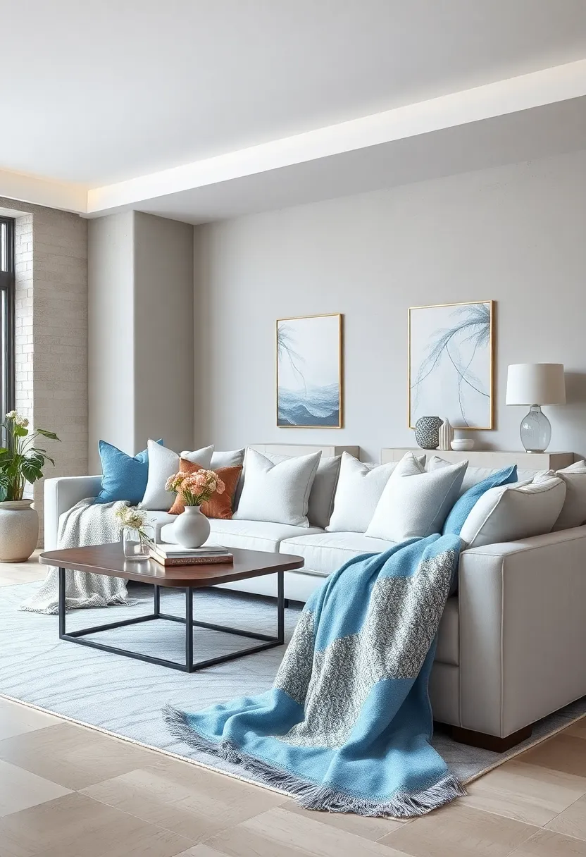 Combine pastel blue throw blankets with silver glitter detailing for cozy, stylish layering