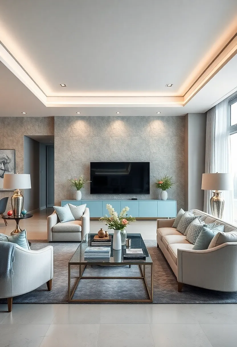 Feature silver metallic lamps with pastel ‌blue shades to unify lighting and color themes seamlessly