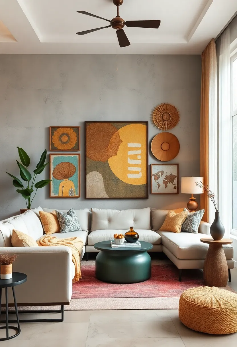 Incorporate recycled or upcycled art pieces to add eco-friendly charm and creativity