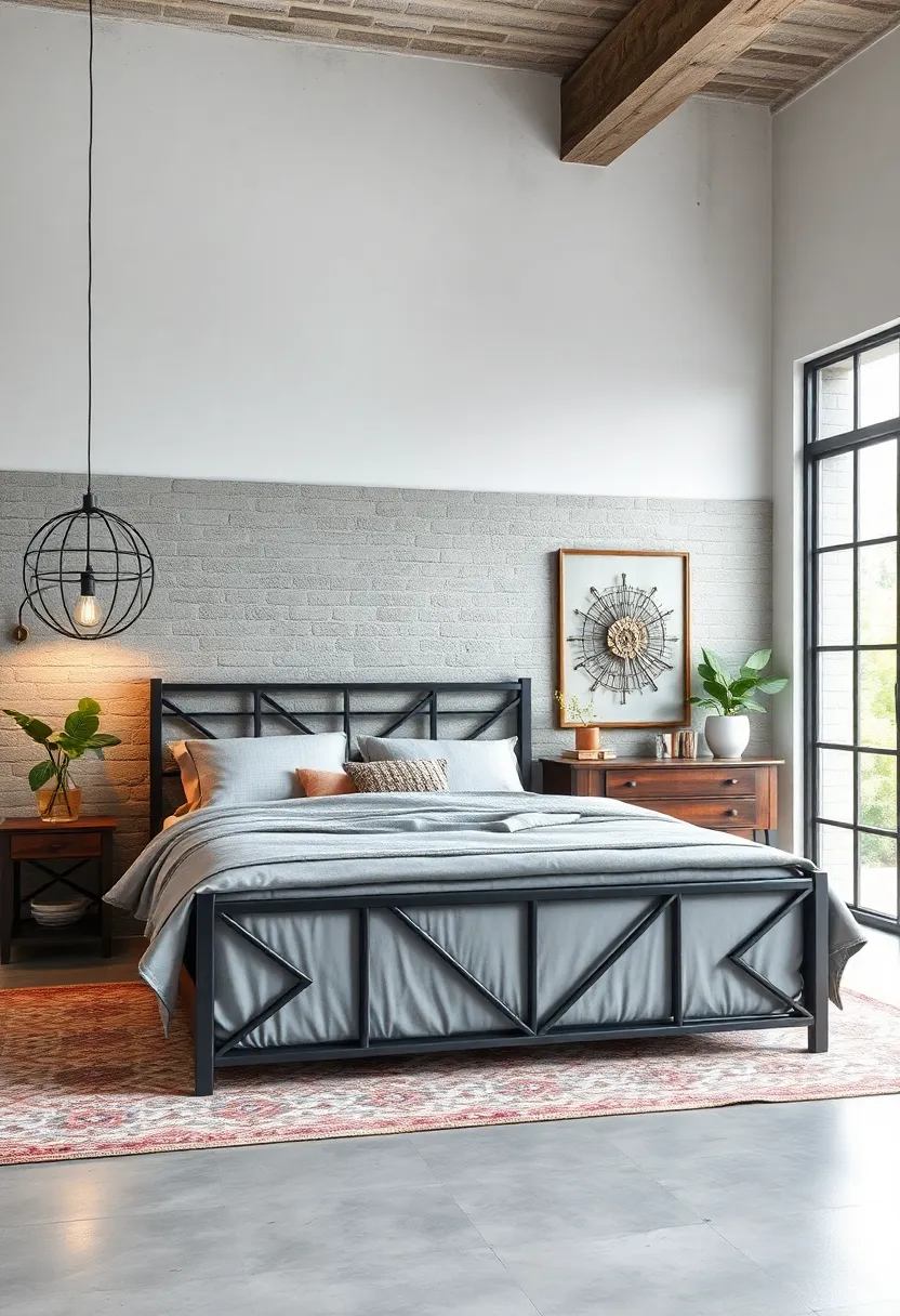 Opt for a bold gunmetal gray‌ bed frame featuring geometric lines,complemented by industrial pendant lighting and metal wall art